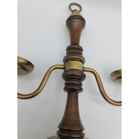 Vintage Mid Century Brass & Wood Double Arm Candle Holder w/Glass Shades - Picture 7 of 10